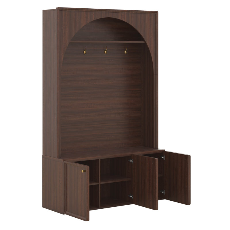 Arched Hall Tree With Storage Bench, 4 Golden Hooks, Entryway Bench With 3 Cabinets And Adjustable Shelves, Walnut