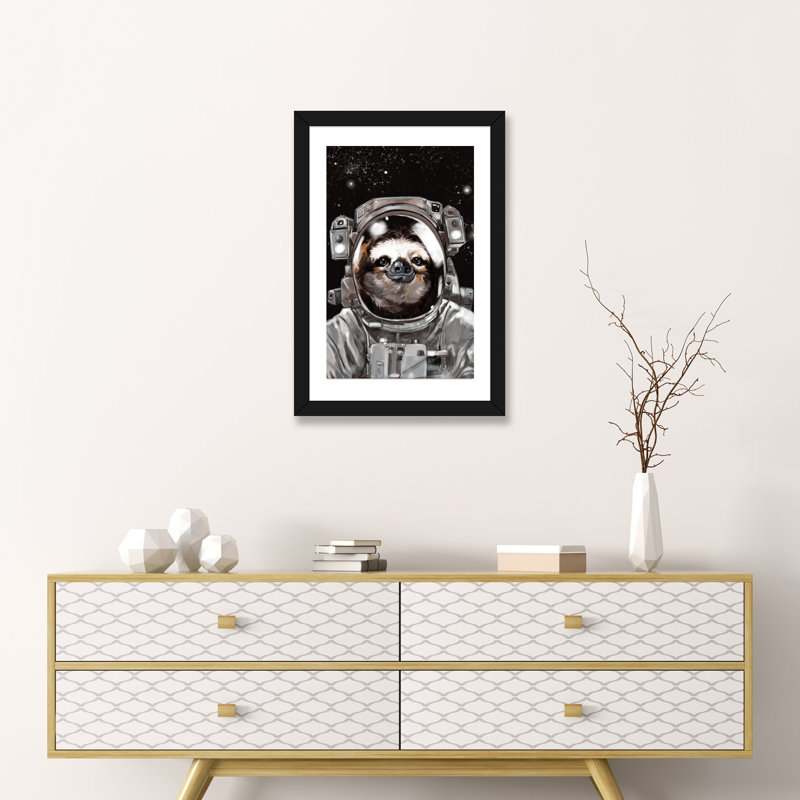 « astronaute sloth selfie », art, H 24 po x l 16 po x P 1 po, Papier avec cadre noir