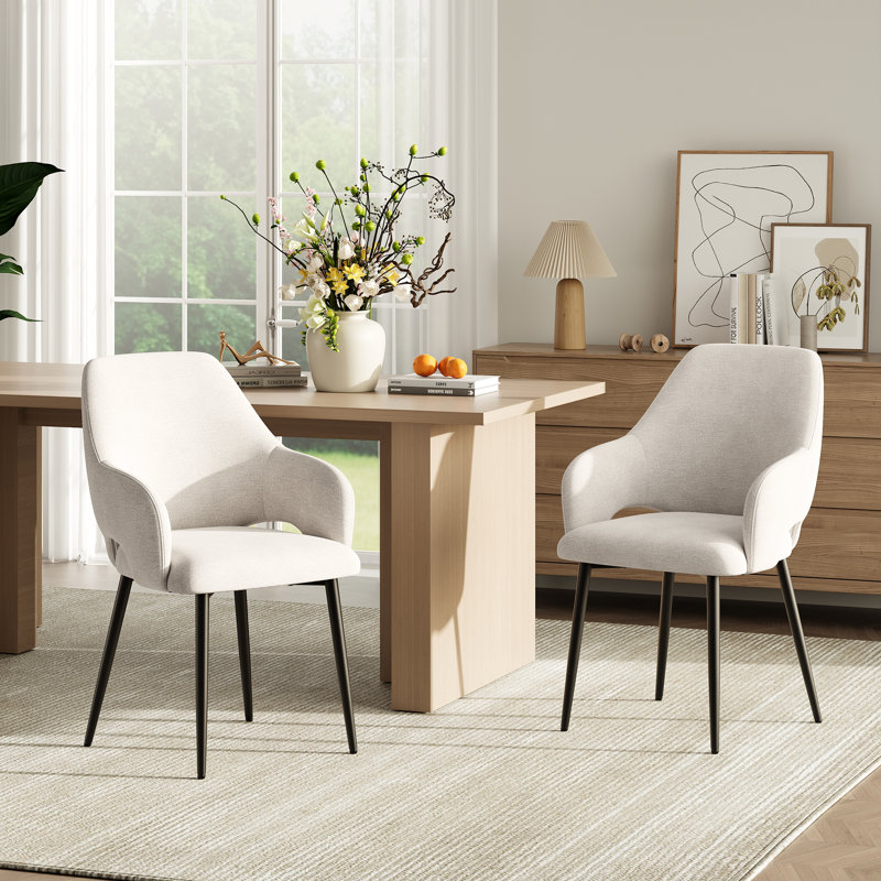 Modern Fabric Upholstered Dining ArmChair with Metal Legs, Ergonomic Back, Beige