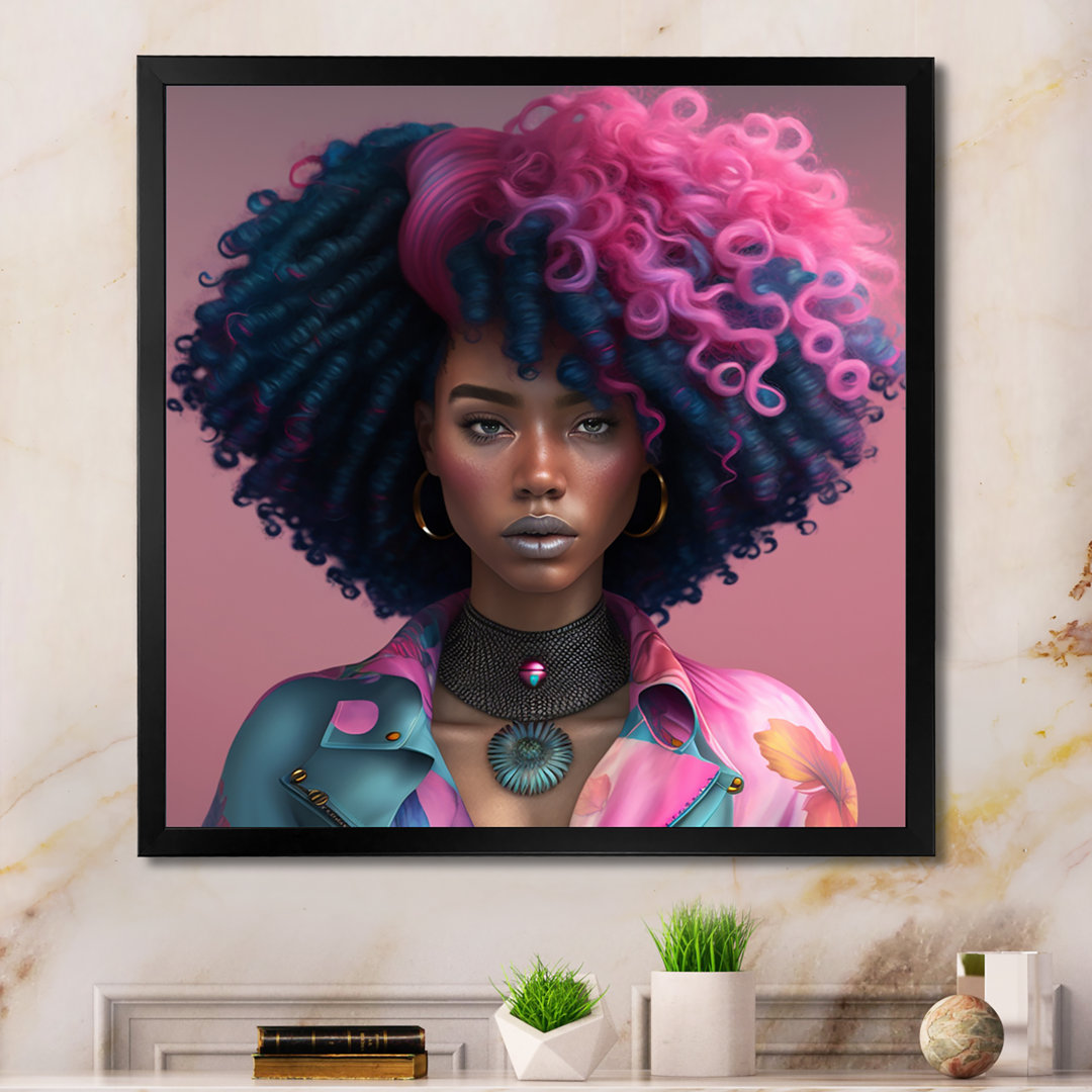 Pink And Blue African American Woman VI - Woman African American Framed Wall Art Design Art