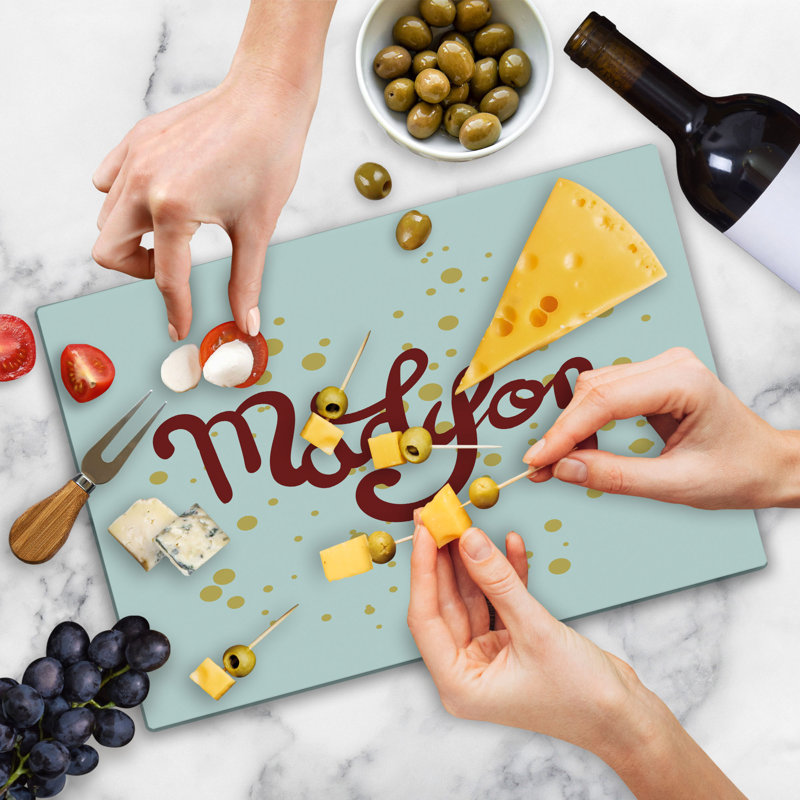 Ambesonne Madison Cutting Board Large Size Cursive Alphabet Design Ruby and Mustard