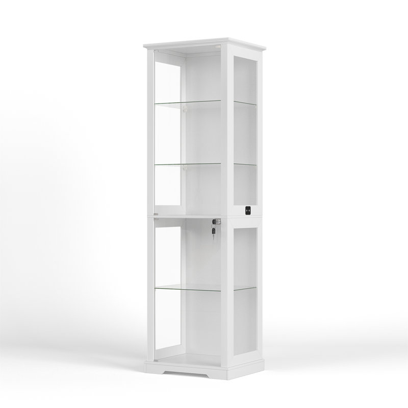 Glass Display Cabinet with 3 Color Led Lights, WineCabinet with Lock, White