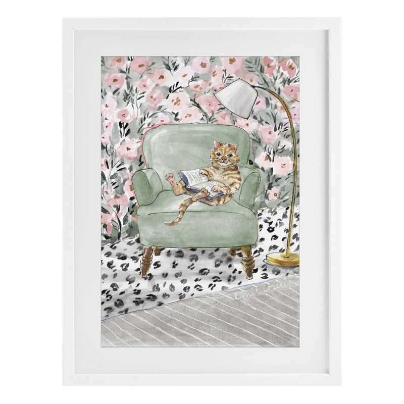 «Cozy Cat», reproduction encadrée sous verre, conception de Lanie Loreth, Cadre blanc côtier, H 20 po x l 14 po