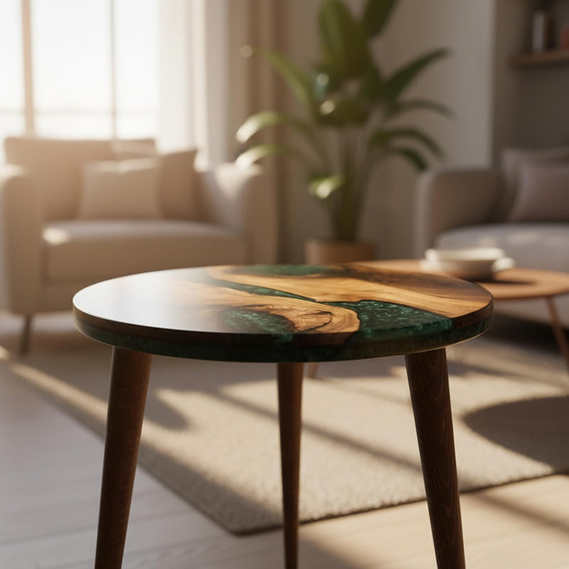 Jossa Round Walnut Resin Side Table – Epoxy River End Table for Living Room & Bedroom, Green/Brown