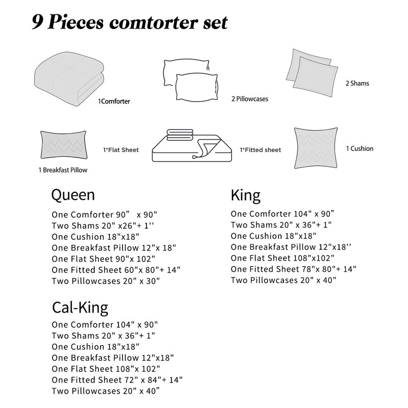 Ensemble d'édredon 9 pièces pour grand lit avec imprimé matelassé et imprimé, microfibre ultra douce, 100% polyester, collection de literie toutes saisons