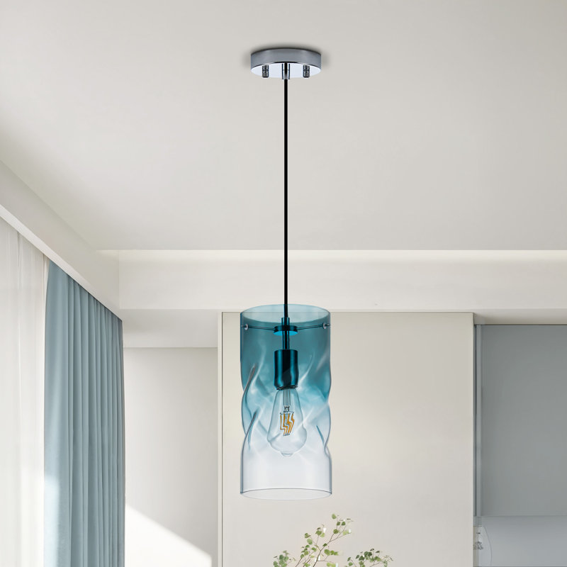 1-Light Pendant Light with Cylindrical Glass Lampshade for Kitchen Island, Blue