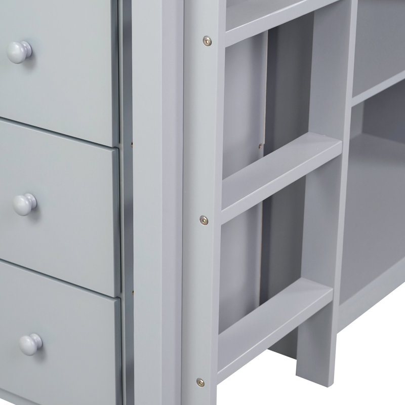 Lit mezzanine simple en bois d'hévéa avec rangement et bureau optimisés, gris