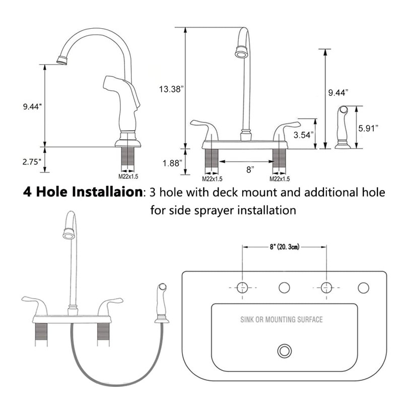 Robinet de cuisine rétractable à poignée double avec accessoires