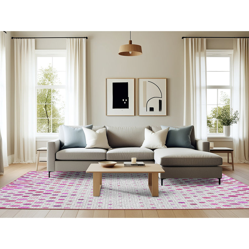 Tapis à pois blanc cassé / rose, Rectangle 6 pi x 9 pi