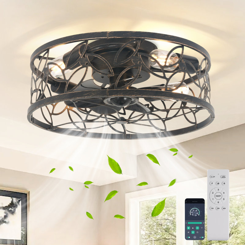 Jakwan 18.11'' Farmhouse Caged Ceiling Fan with Light Kit and Remote, Black with Brushed Gold
