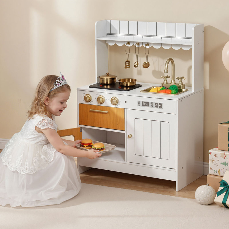 Play Kitchen for Kids, Wooden, Kids Kitchen Playset with Real Lights & Sounds, Food & Cookware Accessories, Pretend Play Toy Set, Sink, Oven, Stove, Cabinet, for Toddlers, Ages 3-8