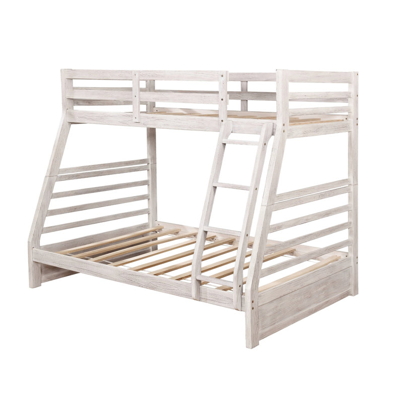 Lit superposé simple au-dessus d'un lit double avec deux tiroirs attachés pour la chambre à coucher, style transitionnel, placage en bois massif, rangement pour la chambre au fini blanc brossé, matériau principal, surface