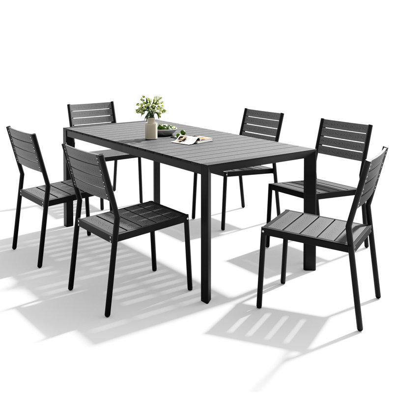 6 - Person 71.5'' W' X 33'' D Aluminum Patio Dining Set With Umbrella Hole And Stackable Chairs, Gray
