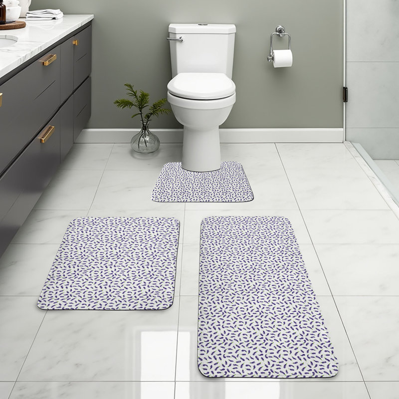  Eggplant Bathroom Rug Set 3 Pieces U-Shape & Rectangle Mats Purple and White