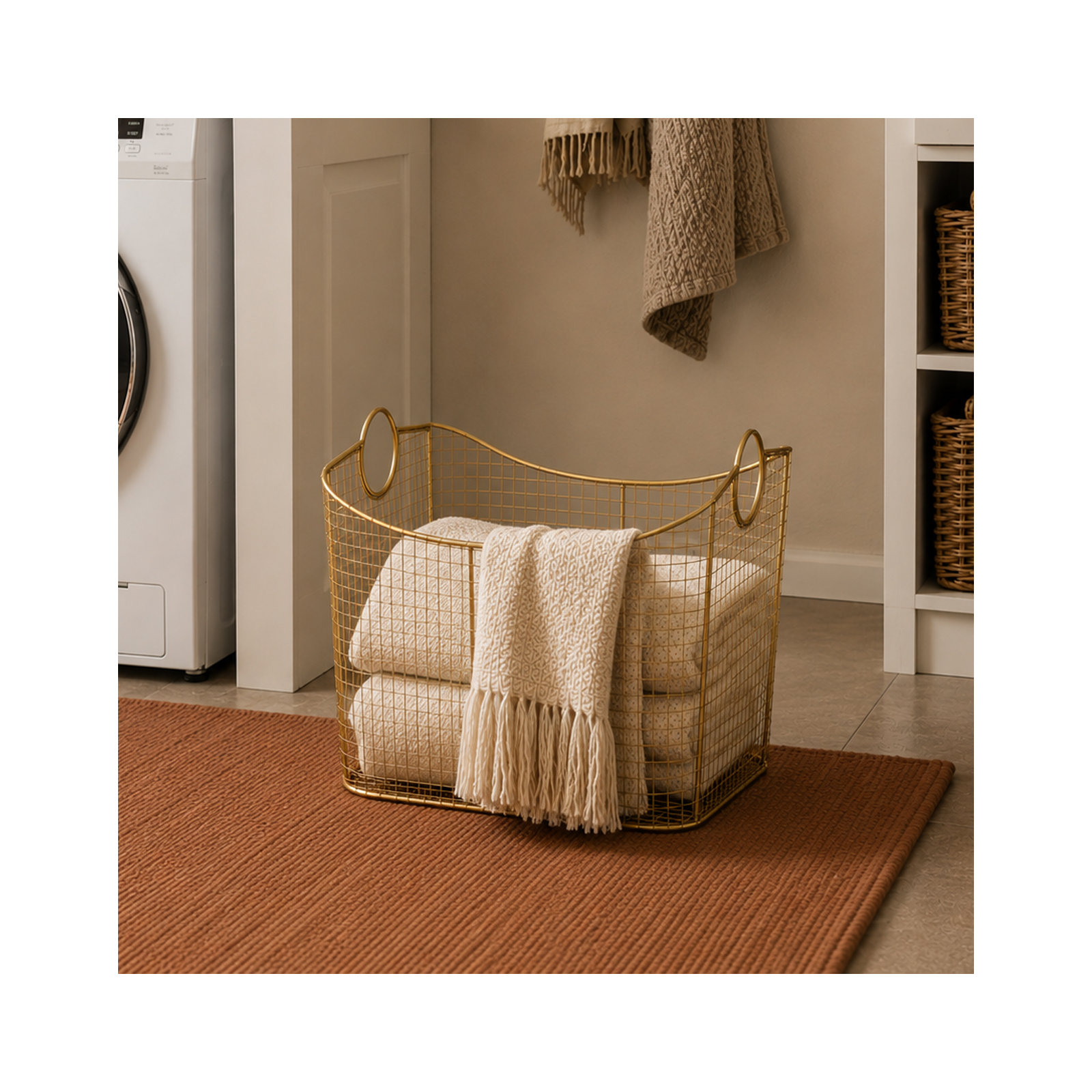 Metal Storage Basket with Ring Handles, Gold