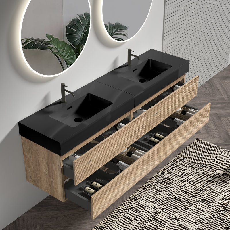 Meuble-lavabo 72 po avec lavabo en quartz noir mat et tiroirs souples
