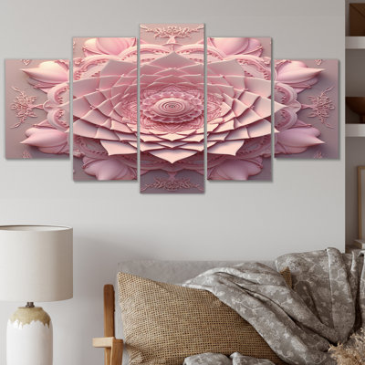 Délicat lotus rose Mandala II - Boho Mandala, reproduction sur toile - 5 panneaux