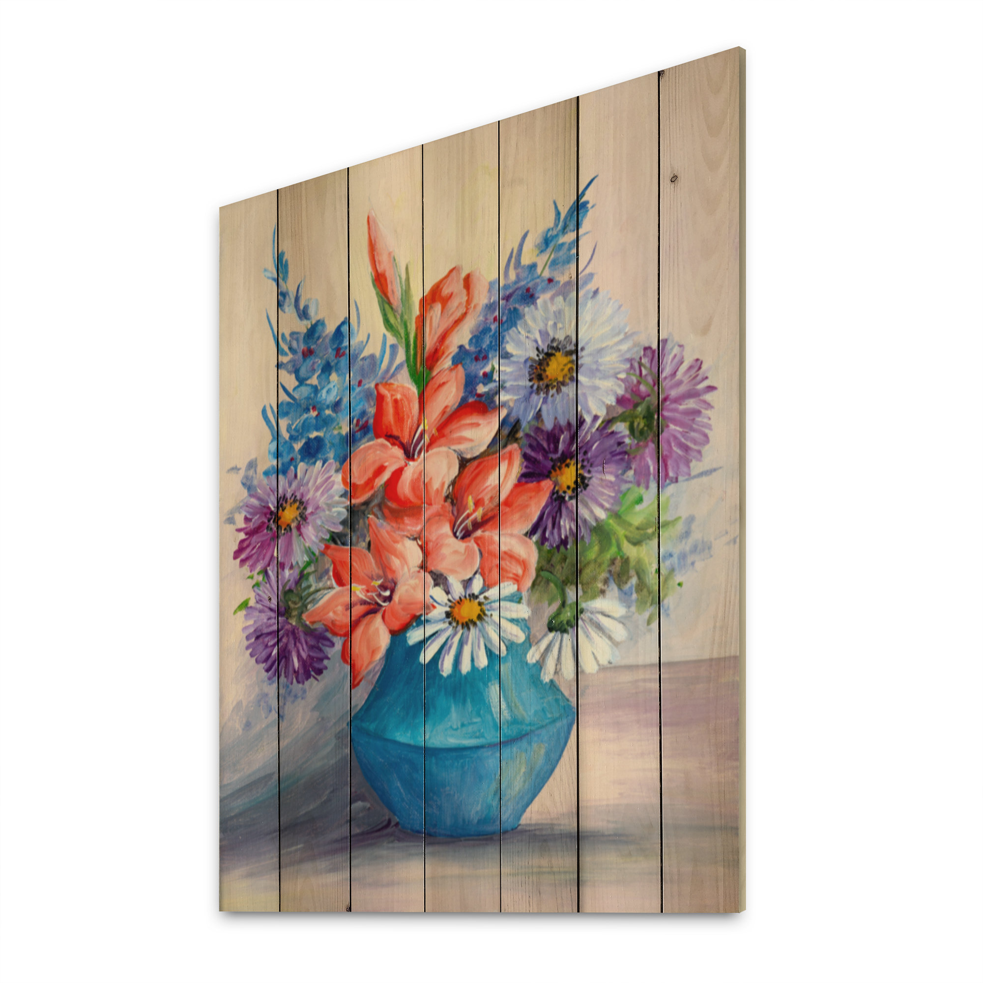 Charlton Home® Still Life Of Red Blue And Purple Flowers On Wood ...