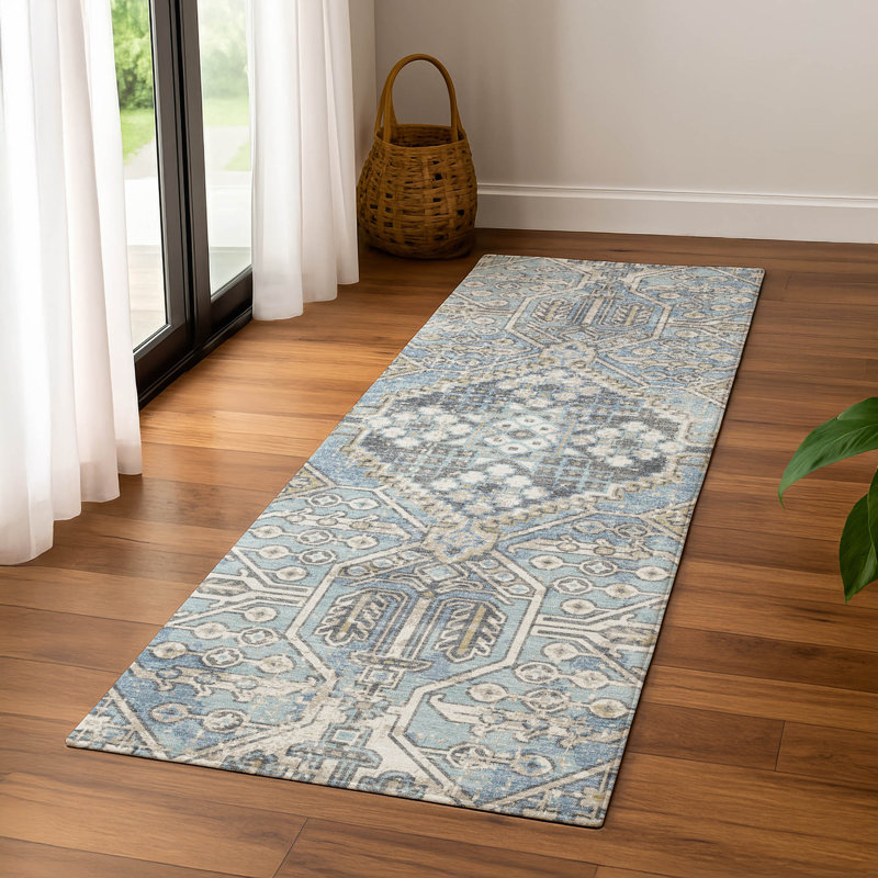 Premium Machine Washable Mayfield AMF2197 global Rug, Sky, 2'3" x 7'6" Runner
