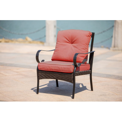 W25 In. Outdoor Metal Wicker Chair With Red Cushions
