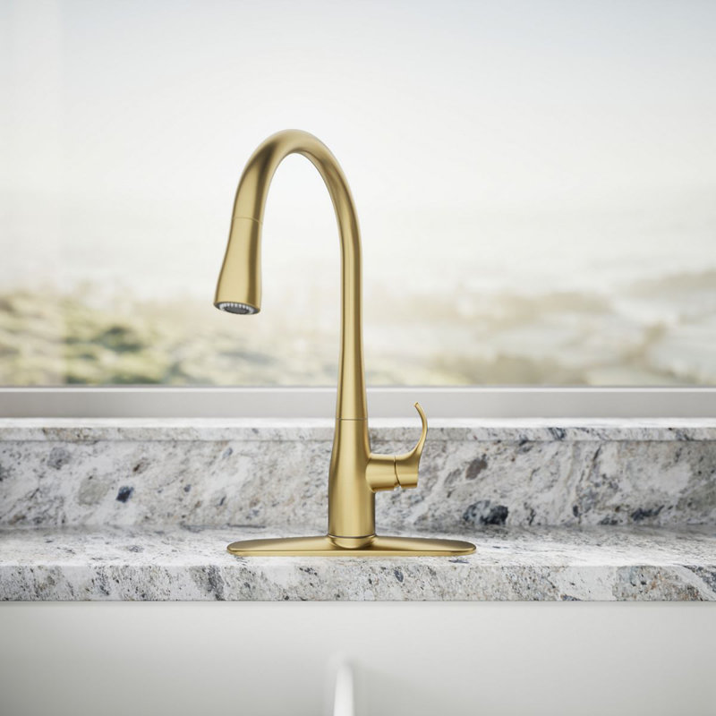 Simplice Pull Down Single Handle Kitchen Faucet, Vibrant Brushed Moderne Brass