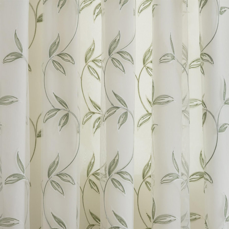 Zapata Leaf Embroidered Voile Ring Top Curtains Pair, 147cm Width x 137cm Drop, Green