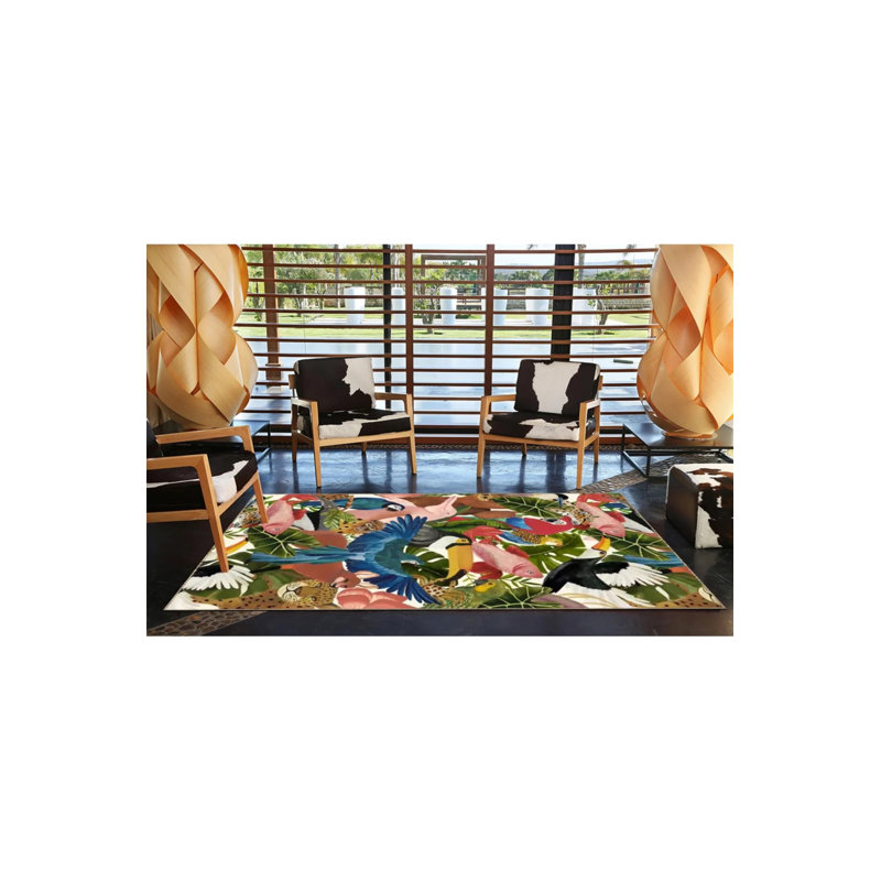 Multicolored Mixed Bird Fish And Flower Patterned Modern Decorative Carpet, Round 3'4"