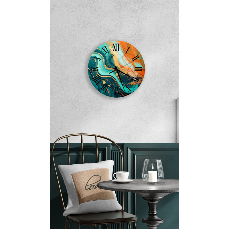 Modern Abstract Teal, Orange, and Gold Ink Swirl Tempered Glass Silent Non-Ticking Wall Clock, Black