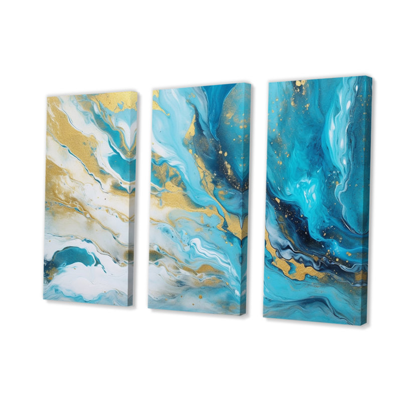 Turquoise doré infusé marbre III - 3 pièces sur toile tendue, H 28 po x l 36 po x P 1 po