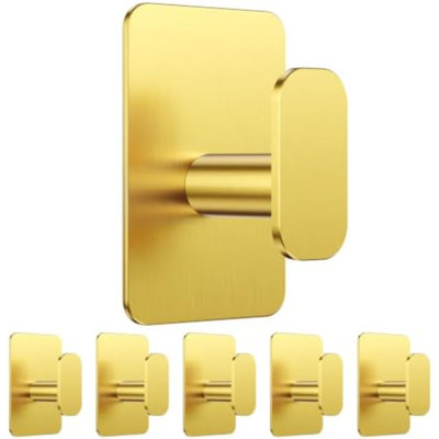 Large Heavy Duty Wall Hooks - 26lb Max, Stainless Steel Adhesive Towel Hooks for Hanging Towel, Coat, Robe, Hat, Sticky Towel Holder for Wall Mount in Bathroom, Shower, Kitchen (Gold, 6 Pack)