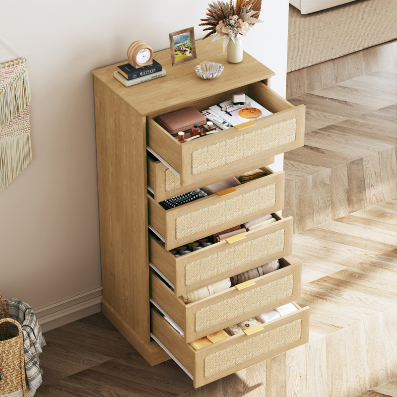 Canei 50.7" H 6-Drawer Vertical Chest with Rattan Drawer Faces, Natural