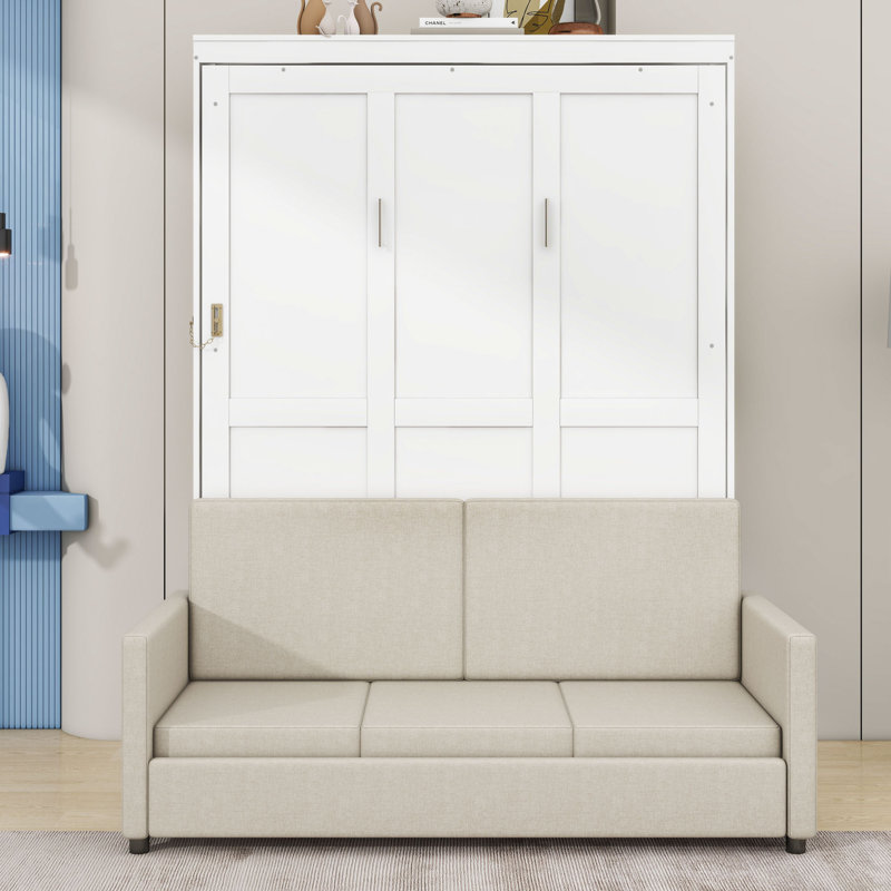 Lit escamotable mural en bois avec canapé, Double, Blanc