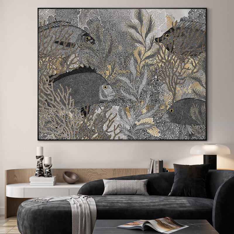 Très grande reproduction d'art sur toile - Illustration de poisson noir complexe, décor pour le salon ou la chambre à coucher - «Assemblage requis du cadre (cadre non fini)»