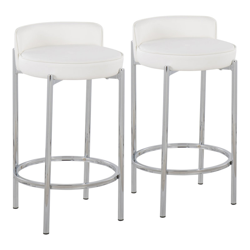 Suveer 25.5'' Faux Leather Counter Stool, Chrome Finish, White Faux Leather