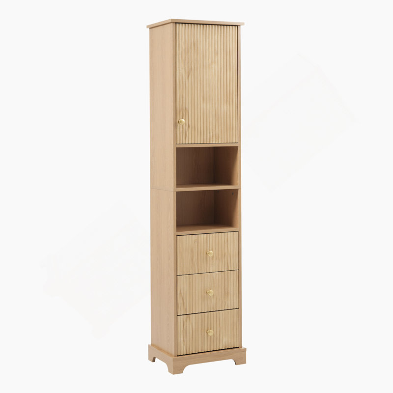 Armoire de salle de bain autoportante de style américain traditionnel, plusieurs options de rangement, poignées dorées, charnières amortissantes et tablettes réglables pour un espace organisé
