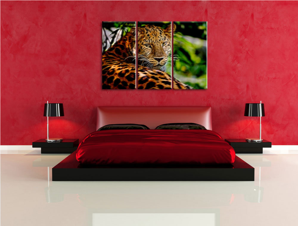 3-tlg. Leinwandbilder-Set Aufmerksamer Leopard im Schatten, Grafikdruck