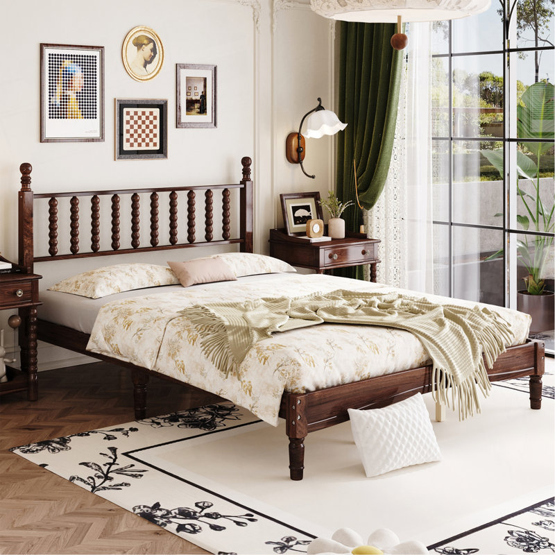 Grand lit plateforme en bois avec tête de lit en forme de gourde, lit plateforme de style rétro avec support à lattes en bois