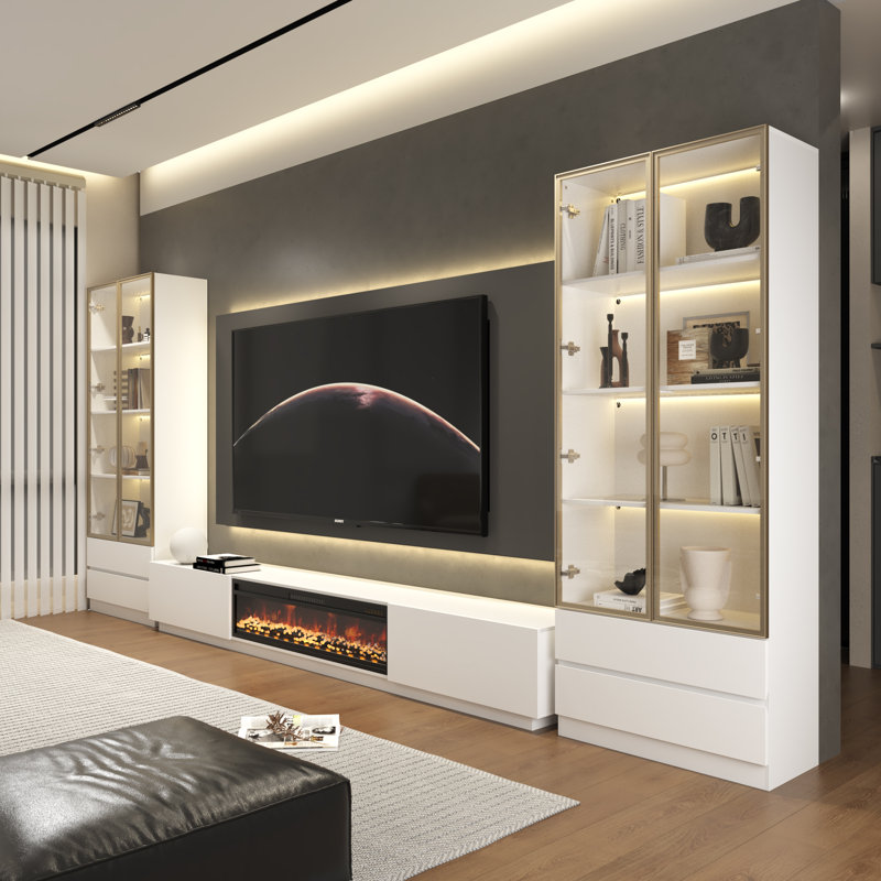 172”w Tv Stand Entertainment Center With Fireplace, White
