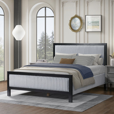 Grand lit tapissier avec tête de lit moelleuse, cadre gris et noir