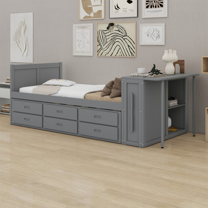 Lit plateforme avec bureau et tablette de rangement au bout du lit, lit gigogne intégré et 3 tiroirs, Grey