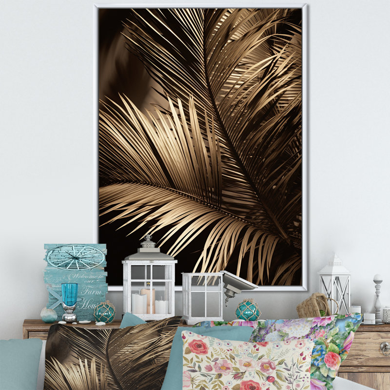 Sépia, sérénité, feuilles de palmier I - palmiers, impression sur toile, H 40 po x l 30 po x P 1,5 po, Cadre flottant blanc