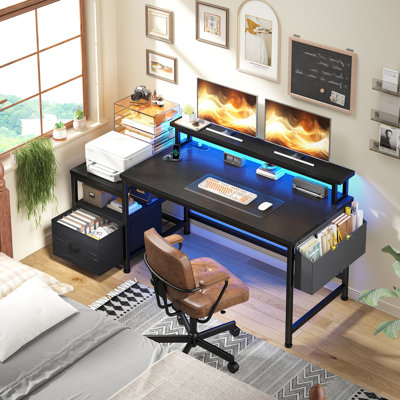57"W Desk With LED Lights And Monitor Shelf,Computer Desk With 2 Open Storage Shelves, Corner Desk With Drawer And Power Outlets For Small Home Office