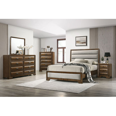 Transitional Style Chest 1pc English Dovetail Drawers Center Metal Glides Cup Handles Bracket Legs Brown Finish Bedroom Furniture
