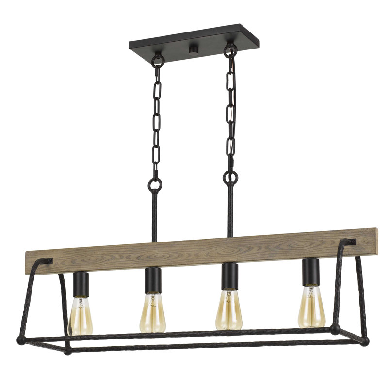 Lustre rectangulaire 4 lumières unique avec accents de bois Bethanie