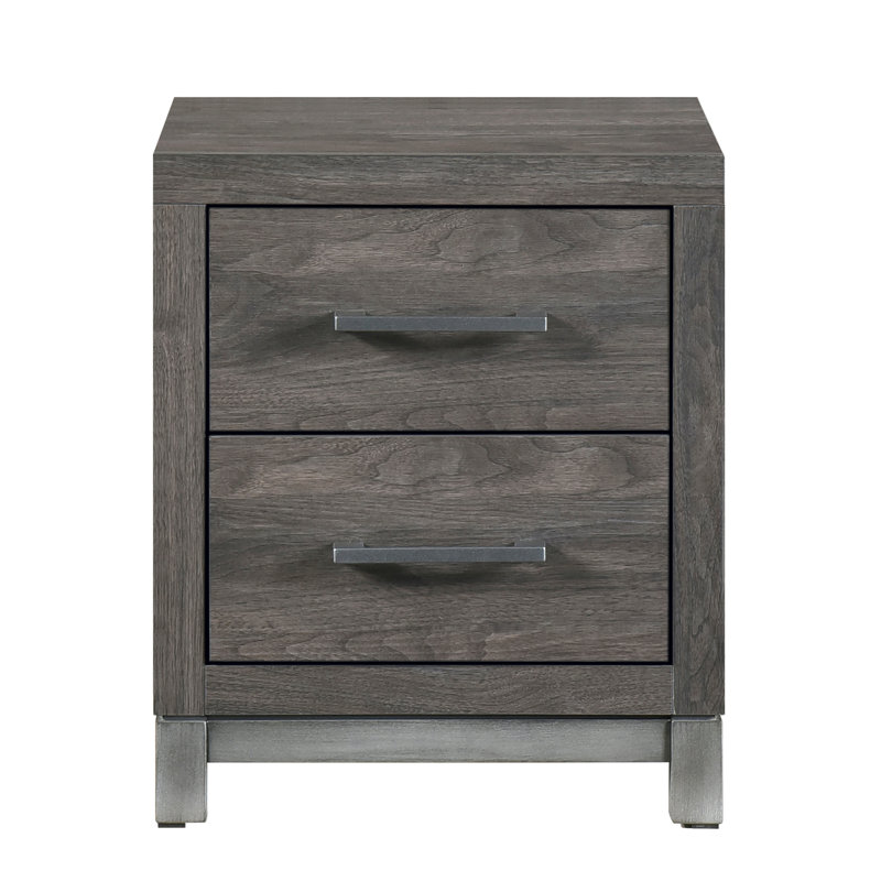 Élégante table de chevet moderne à 2 tiroirs, gris brunâtre et argent avec deux tiroirs