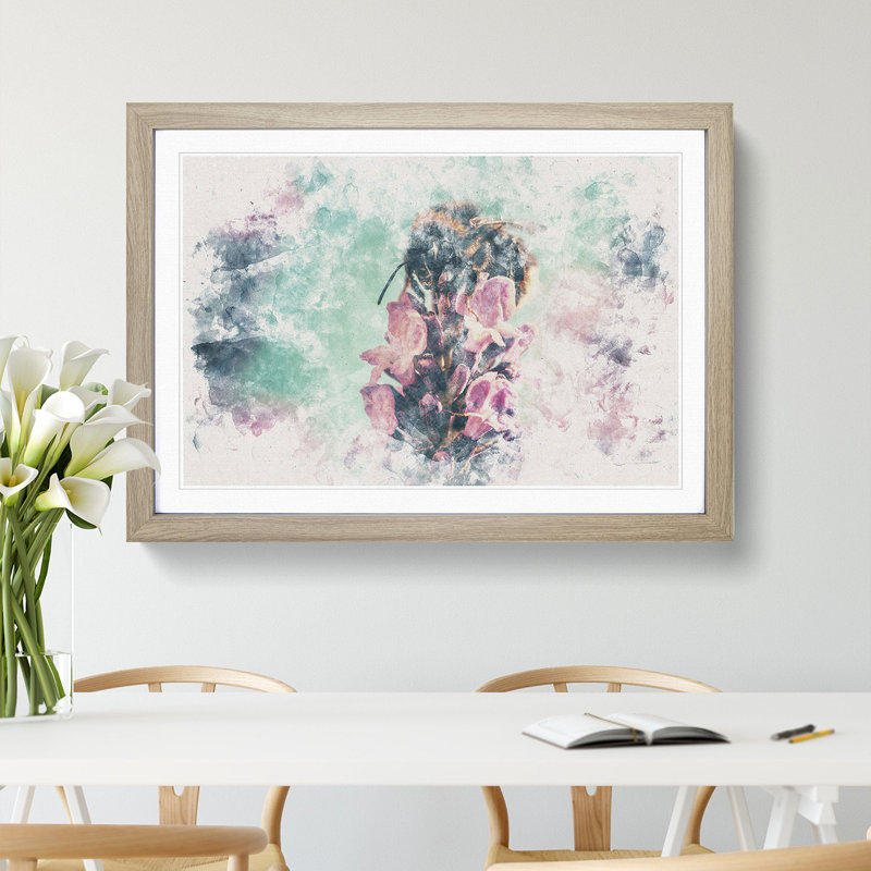 Bee on a Purple Flower Watercolour - Picture Frame Graphic Art Print, 40cm H x 60cm W x 2cm D, Oak Framed