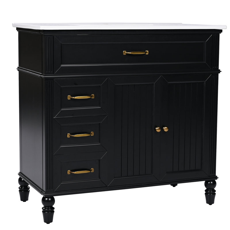 Meuble-lavabo 36 po avec lavabo, armoire de salle de bain avec tiroirs, cadre solide et panneau de fibres à densité moyenne, un paquet, noir