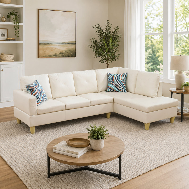 Ensemble de canapé modulaire en similicuir blanc 2 pièces avec méridienne, Face à la droite, Similicuir blanc cassé