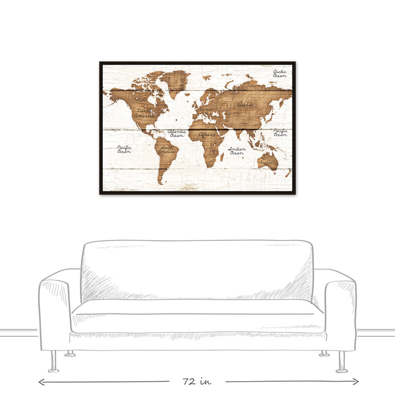 Carte du monde patinée - impression d'art graphique, H 12 po x l 18 po, Encadré