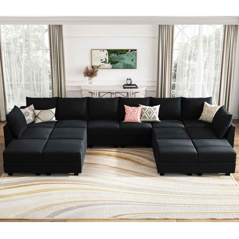 Canapé modulaire en velours avec repose-pieds Tremee, Velours noir